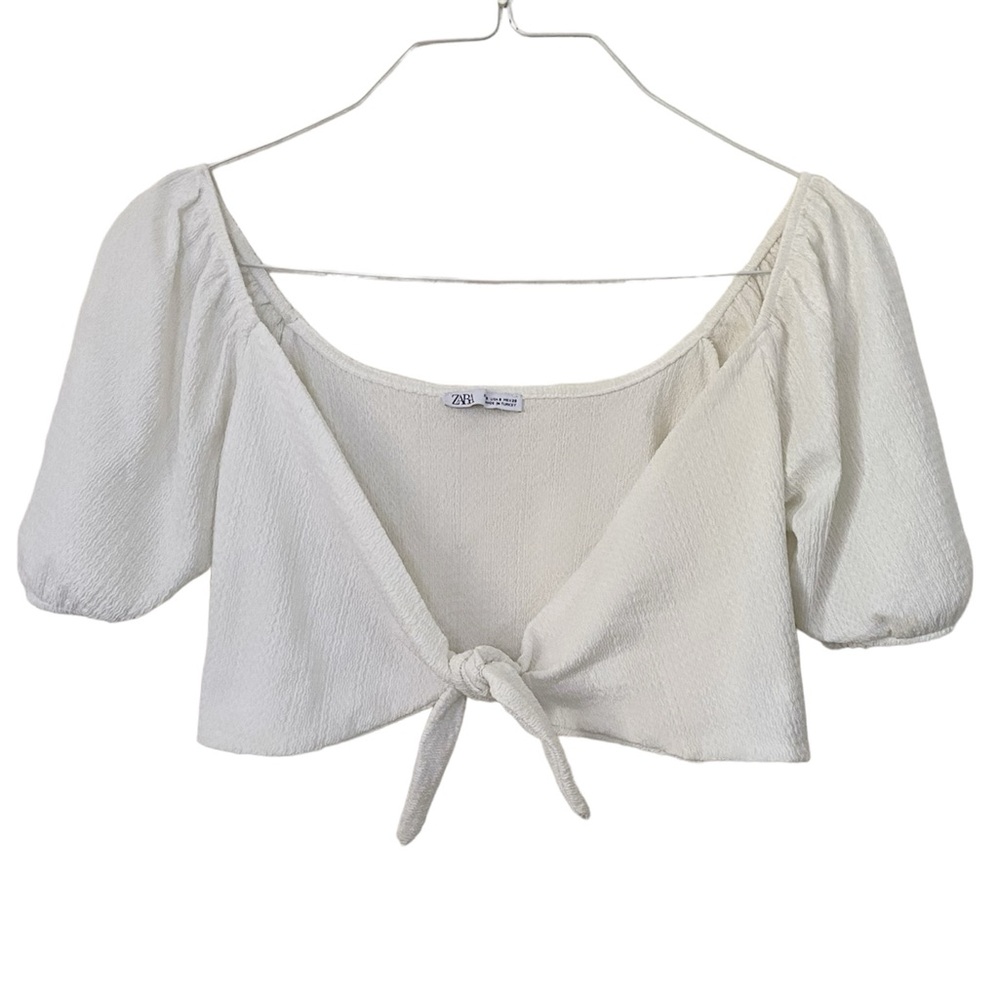 Zara White Puff Sleeve Tie Front Crop Top Shirt Size S Small
